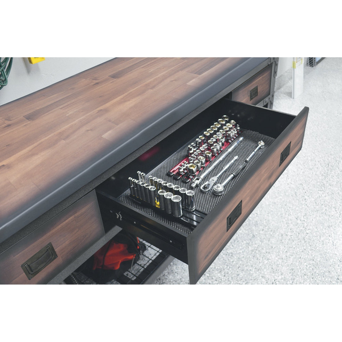 Duramax garage storage Duramax 3 Piece Garage Set featuring Workbench and Cabinets