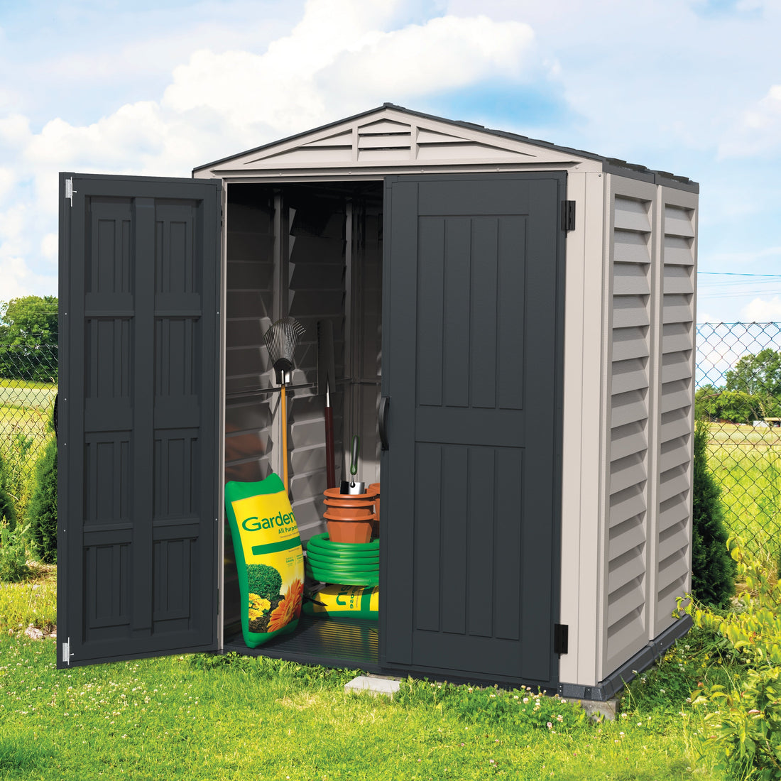 Duramax Vinyl Sheds Duramax YardMate Plus 5 ft. 6 in. x 5ft. 6 in. Gray Vinyl Storage Shed with Molded Floor