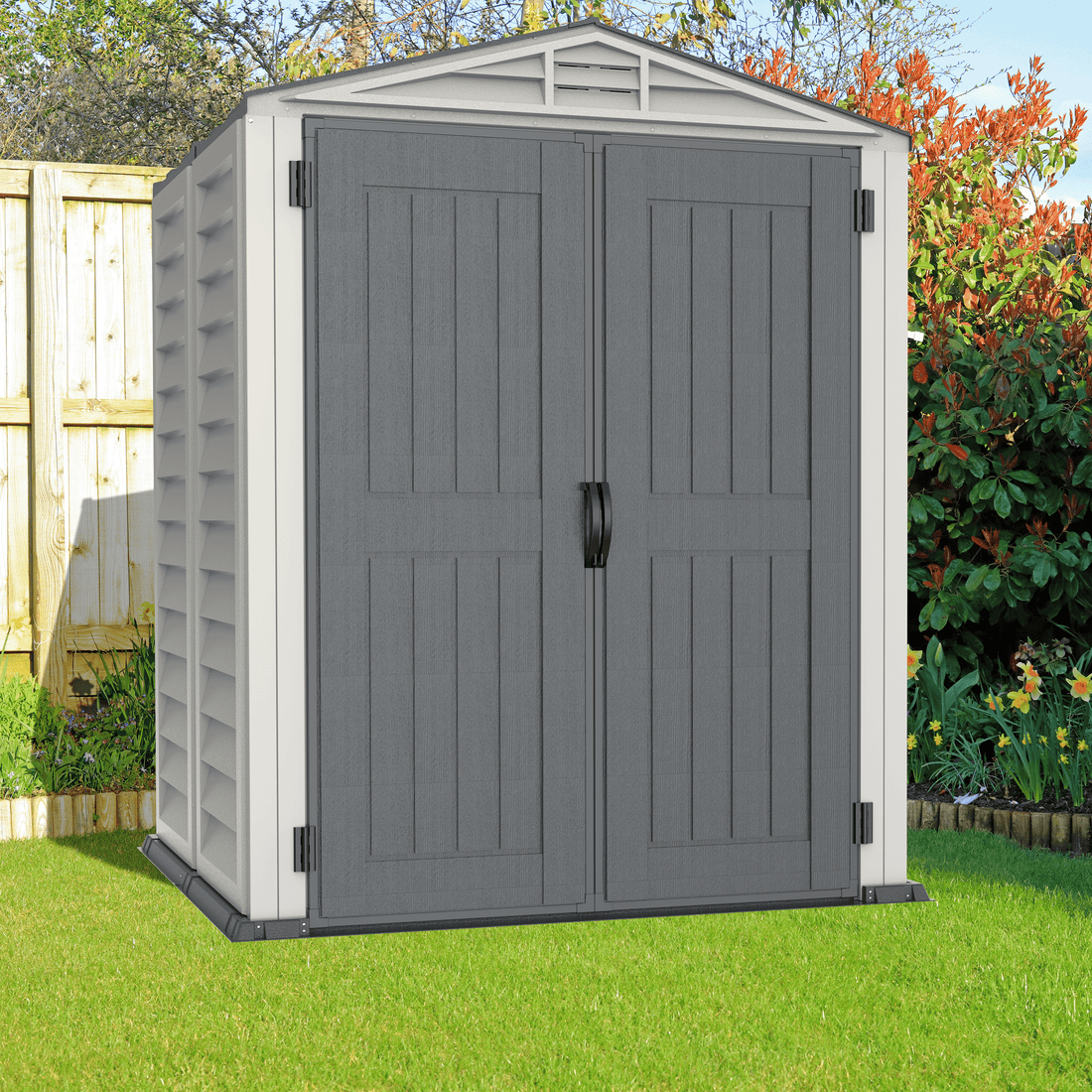 Duramax Vinyl Sheds Duramax YardMate Plus 5 ft. 6 in. x 5ft. 6 in. Gray Vinyl Storage Shed with Molded Floor